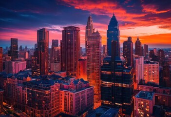 Obraz premium breathtaking view urban skyline illuminated twilight hues stunning colors beautiful cityscape, sunset, buildings, architecture, lights, horizon, landscape