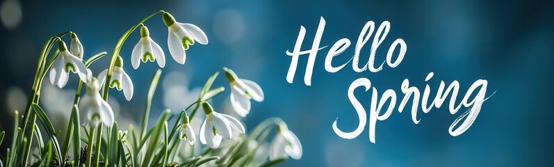 "Hello Spring" Typography with Snowdrop Flowers on Soft Blue Backdrop
