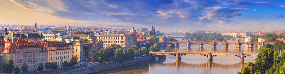 City summer landscape, panorama, banner - top view of the historical center of Prague with the Vltava river and bridges, Czech Republic