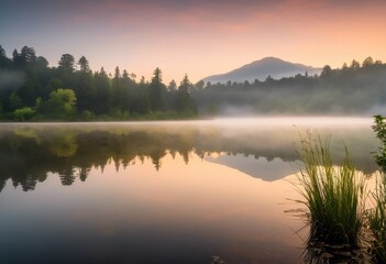 Fototapeta premium tranquil morning reflections serene lake surrounded lush greenery soft misty hues golden light, water, sunrise, nature, landscape, scenery, outdoor