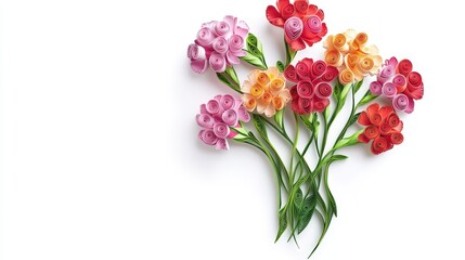 Obraz premium Elegant multi-colored quilled carnation bouquet elegantly arranged on a white background