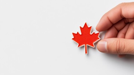 A hand holding a Canadian maple leaf pin isolated on white background. Generative AI