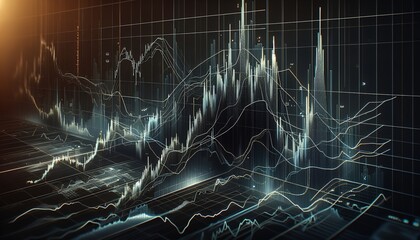 Dynamic digital stock market chart with futuristic financial data visualization that displays complex trading trends and economic analysis in a 3D interface.
