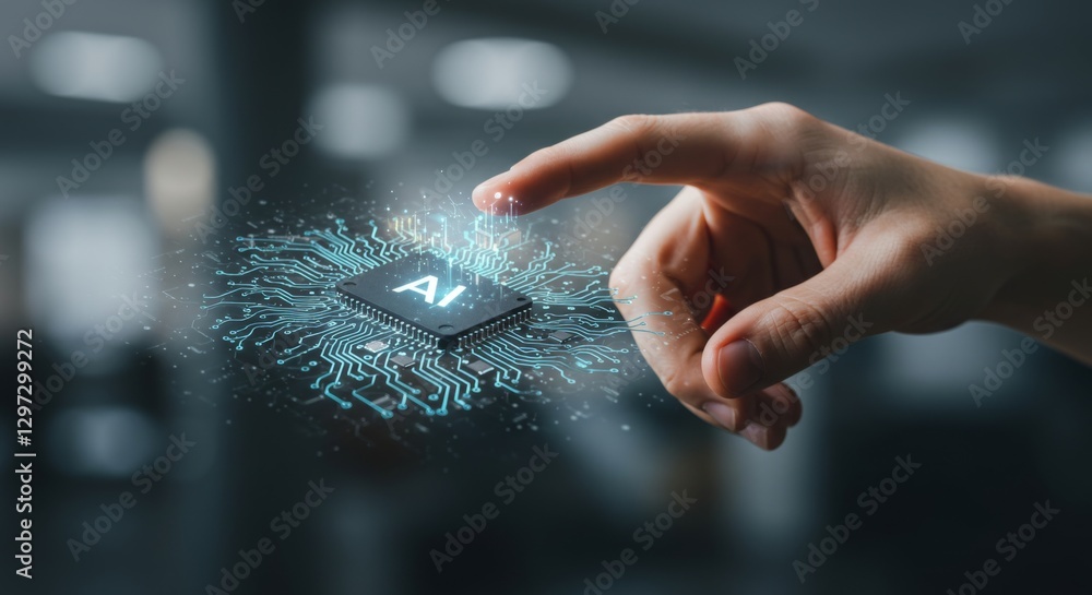 Poster futuristic human hand touching ai microchip with glowing digital circuit network, artificial intelli