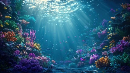 Naklejka premium Vibrant coral reef teeming with colorful fish and sunlight. (2)