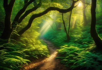 enchanting mist covered forest pathway adorned lush vibrant foliage dappled sunlight captivating nature adventure, fog, trees, leaves, vegetation, landscape