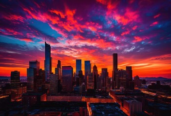 Fototapeta premium vibrant skyline silhouette radiant colors stunning sunset backdrop highlighting urban beauty, clouds, horizon, illumination, view, landscape, contrast, dusk