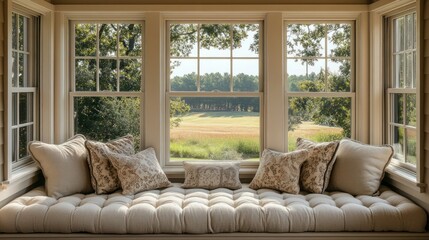 Cozy window seat overlooking a rural landscape