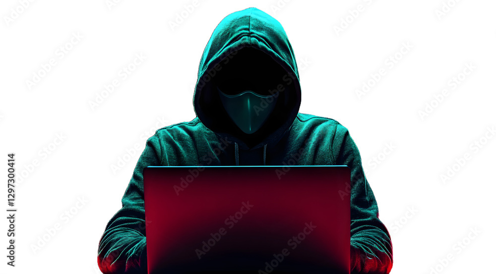 Poster anonymous hacker in hoodie and mask that hides his face works at laptop. png isolated on transparent