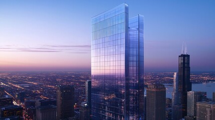 Obraz premium Modern glass skyscraper at sunset over city. (2)