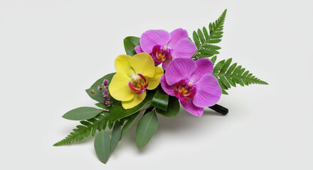 Obraz premium Orchid arrangement with greenery on a neutral background