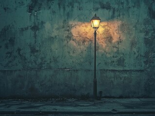 Glowing streetlamp illuminating a weathered textured wall