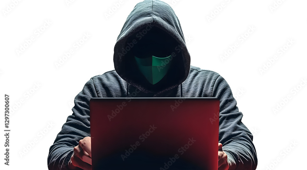 Poster anonymous hacker in hoodie and mask that hides his face works at laptop. png isolated on transparent