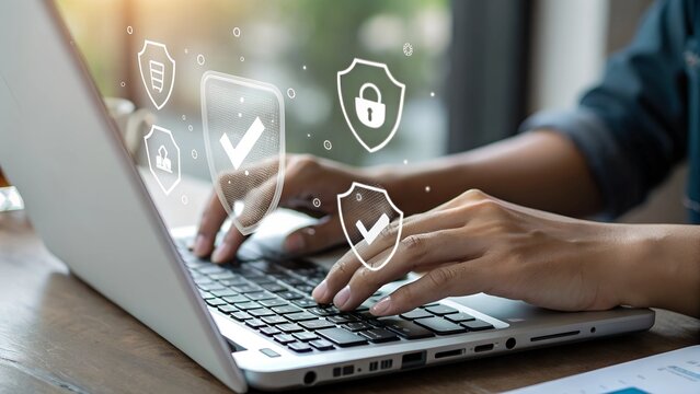 Cybersecurity protects login and secure internet access, Businessman secure data on laptop with encryption and network protection. Secure login and digital privacy, Business confidentiality. 