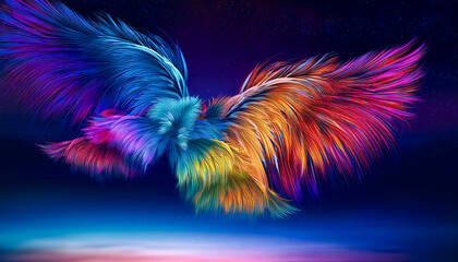 夜空を羽ばたく虹色の羽、鳥、花火、カラフル、美しい、幻想的、空、翼、イラスト