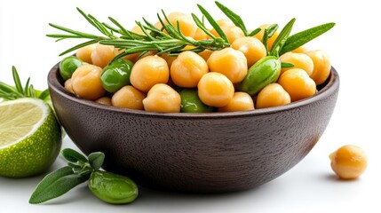 A bowl of chickpeas with rosemary and lime isolated on white background. Generative AI