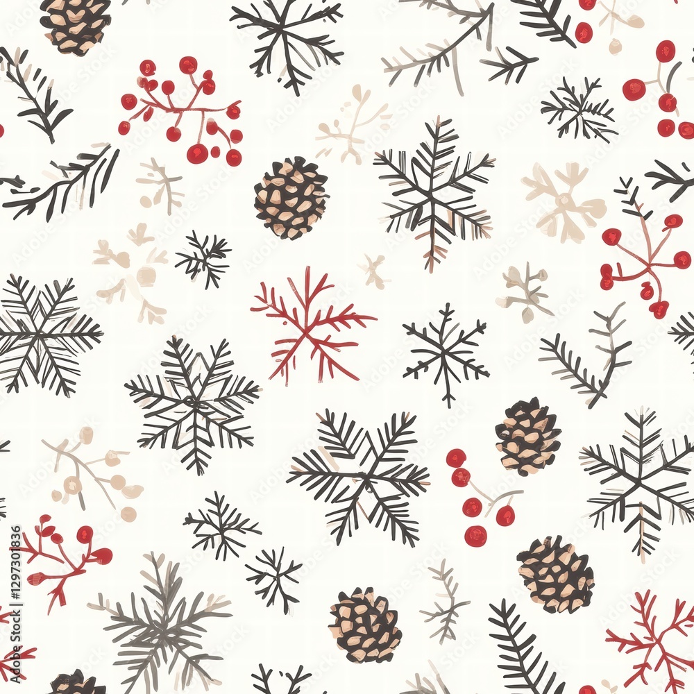 Aufkleber winter pattern featuring pine cones, snowflakes, and berries in various colors on a light background