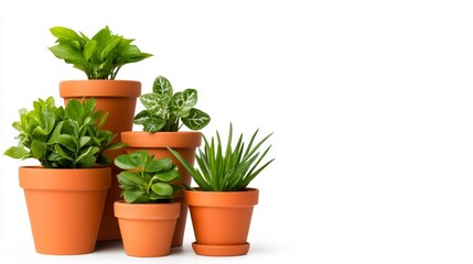Stack of Terracotta Pots with Various Small Leafy Plants Isolated on White. Generative AI