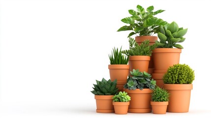 Fototapeta premium Arrangement of Small Leafy Plants in Terracotta Pots Isolated on White Background. Generative AI