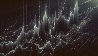 A futuristic, abstract data landscape with layered lines and spikes representing dynamic analysis, technology, and complexity.