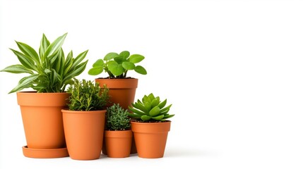 Fototapeta premium A Collection of Terracotta Plant Pots with Small Leafy Plants Isolated on a White Background. Generative AI