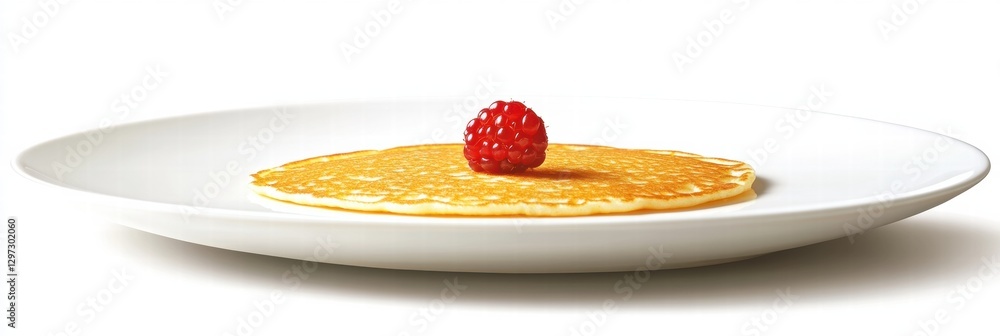 Poster Fluffy pancake topped with a fresh raspberry on a white plate in a bright setting. Generative AI