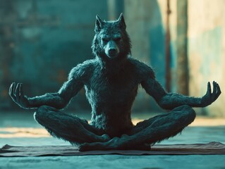 Meditating werewolf sitting cross-legged in a dimly lit room with a peaceful aura