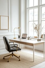Minimalist home office with ergonomic chair and modern desk lamp in bright room