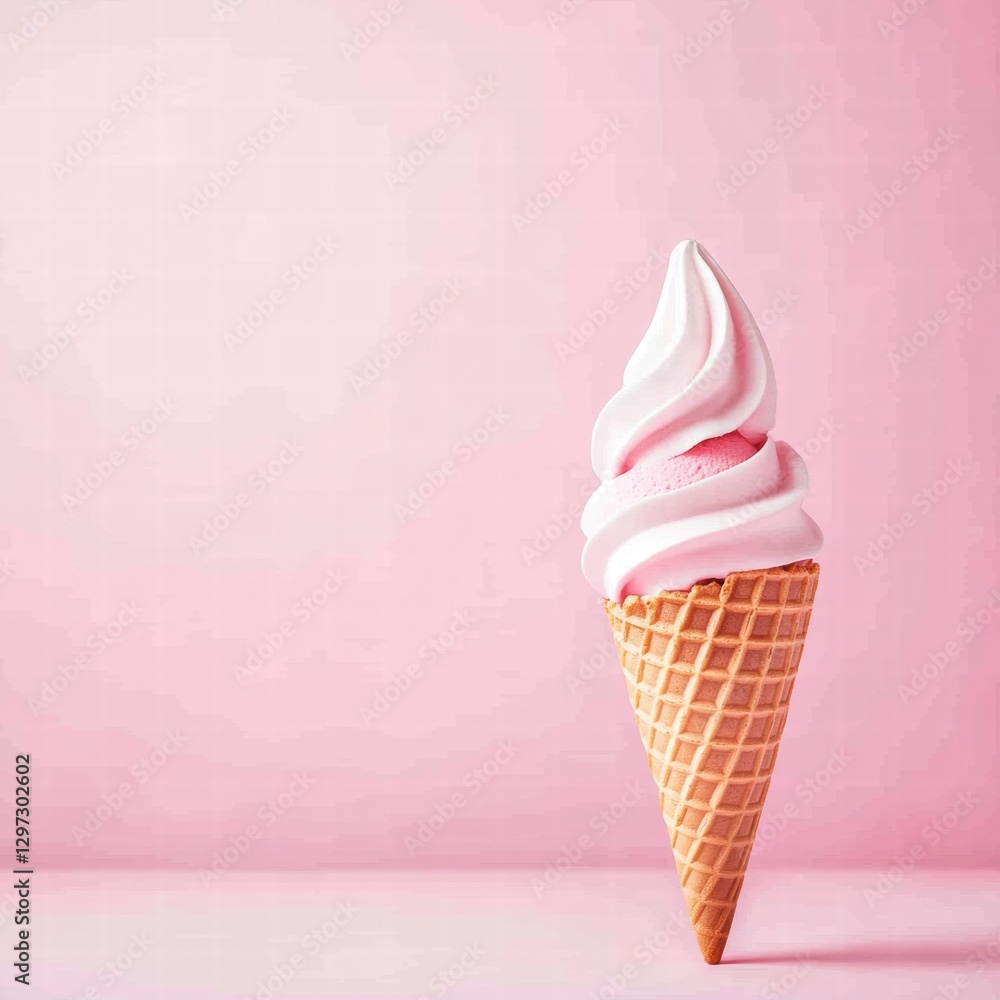 Poster delicious ice cream cone with soft serve and pink background in warm daylight for a vibrant summer t