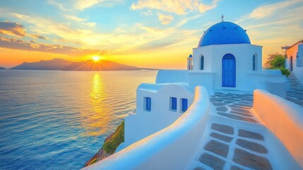 Obraz premium Santorini sunset view of a whitewashed church with blue dome