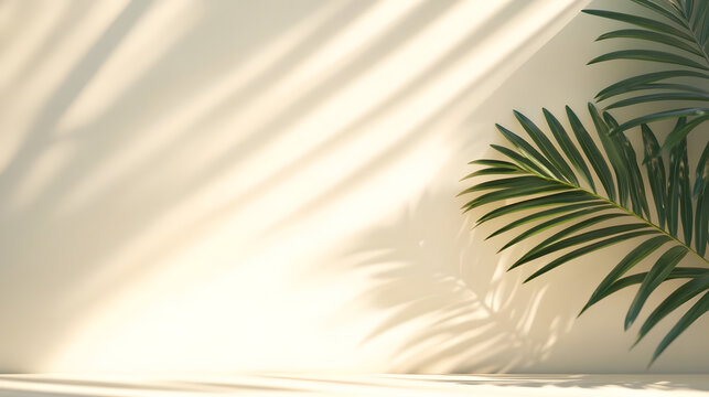 Blurred shadow from palm leaves on light cream wall. Minimalistic beautiful summer spring background for product presentation.