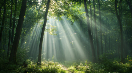 Obraz premium rays of sunshine passing through the branches of trees in the forest