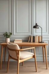 Scandinavian home office design with elegant oak desk and contemporary chair