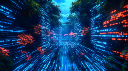 Digital illustrations in blue showcase computer codes and futuristic web designs. Virtual patterns define a future where technology meets business in digital landscapes