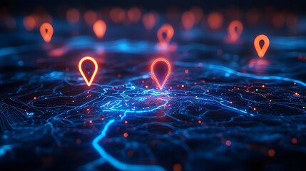 Digital map with glowing location pins, futuristic technology, network connections