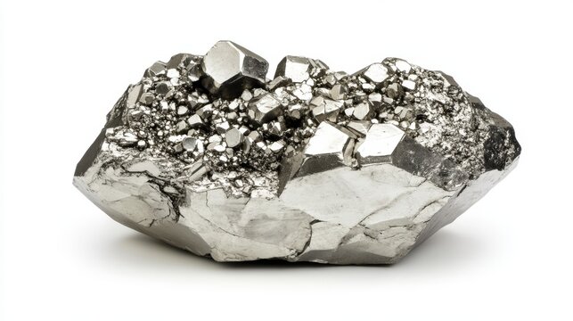 Rugged metallic chunk of platinum ore with high-density metal flecks on white background
