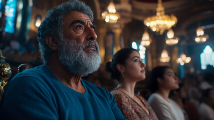 Obraz premium Contemplative Congregation: People Gazing Upward in a Grand Interior
