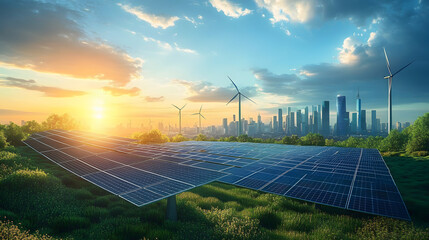 Futuristic AI-controlled renewable energy grids distributing solar and wind power: A clean-energy city where AI manages every aspect of power distribution.