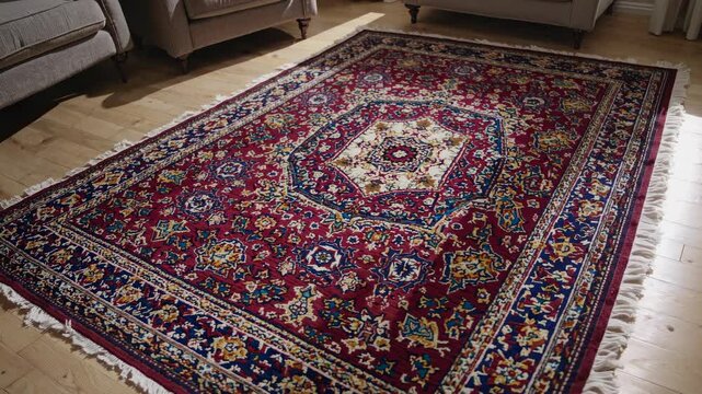 Aerial view of a Persian rug on a wooden floor, surrounded by classic armchairs. The video captures the intricate patterns and warm ambiance.