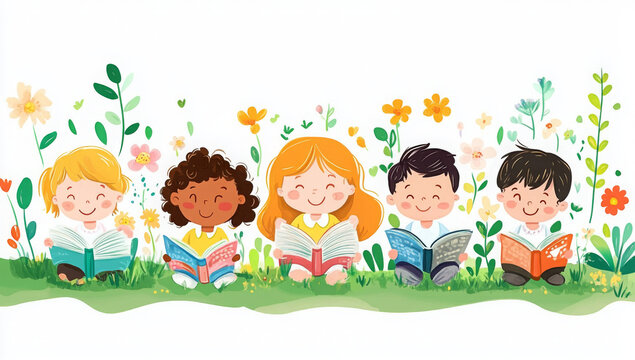 International Day of Education, diverse group of happy children reading books together in a meadow, outdoor learning in nature, cheerful kids enjoying education, knowledge, and friendship