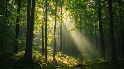 Fototapeta premium rays of sunshine passing through the branches of trees in the forest