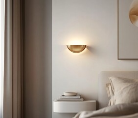 Gold wall sconce in bedroom, modern design, bedside lamp, art on wall