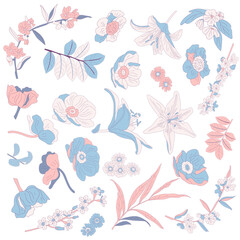 Vector illustration of flowers, lilies and leaves isolated on white background. Elegant floral elements for invitations, greeting cards, botanical designs, fabric patterns, and decorative projects.