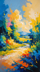 Majestic Oil Painting of a Nature Landscape with Vibrant Blue and Yellow Colors Featuring Bold and Visible Brush Strokes in Stunning Outdoor Scene classic traditional art for wallpaper