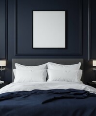 Dark bedroom interior with empty frame