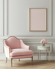 Pink armchair in elegant room with empty frame, showcasing interior design
