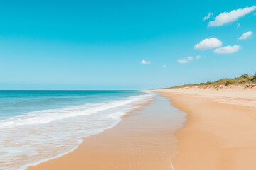 Pristine sandy beach with gentle ocean waves under a clear blue sky, showcasing a serene and idyllic coastal landscape perfect for a relaxing summer getaway