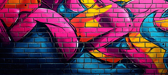 Fototapeta premium Neon Graffiti Art Banner with Bold Colors and Brick Texture for Urban Design