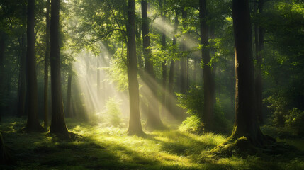 Obraz premium rays of sunshine passing through the branches of trees in the forest