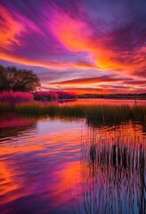 Obraz premium stunning sunset reflections tranquil lake surface capturing vibrant colors serene nature elements visual masterpiece, water, sky, clouds, light, scenery